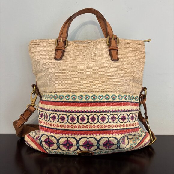 Fossil Bohemian Style Cream Geometric Design Explorer Fold Over Tote - Picture 6 of 15